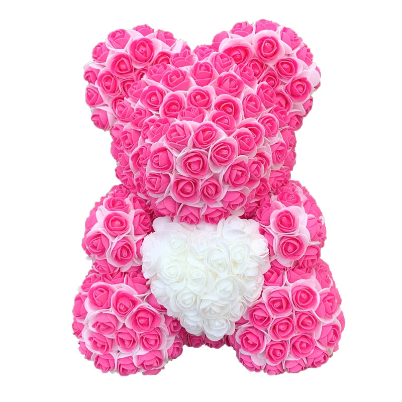 Double Color 25/40cm Rose Teddy Bear Heart, artificial flower bear with pink and white roses, perfect gift for women.