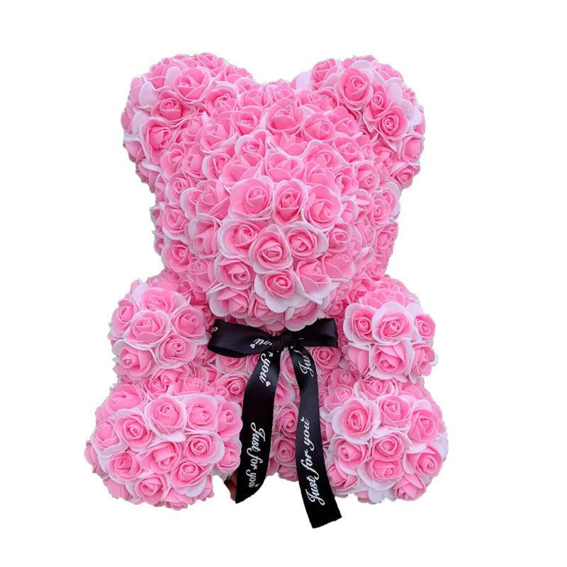 Double Color 25/40cm Rose Teddy Bear Heart Artificial Flower Rose Bear in pink, ideal gift for women.