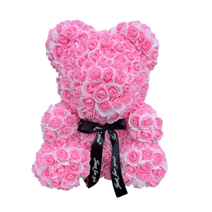 Double Color 25/40cm Rose Teddy Bear Heart Artificial Flower Rose Bear in pink, ideal gift for women.