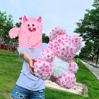 Double Color 25/40cm Rose Teddy Bear Heart artificial flower teddy bear in pink and white, perfect gift for women.
