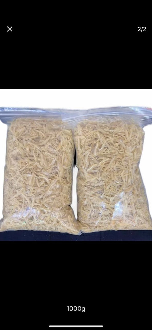Malaysian Dried Anchoy Ikan Bilis - 1kg Cleaned, two bags of dried anchovies in clear packaging.