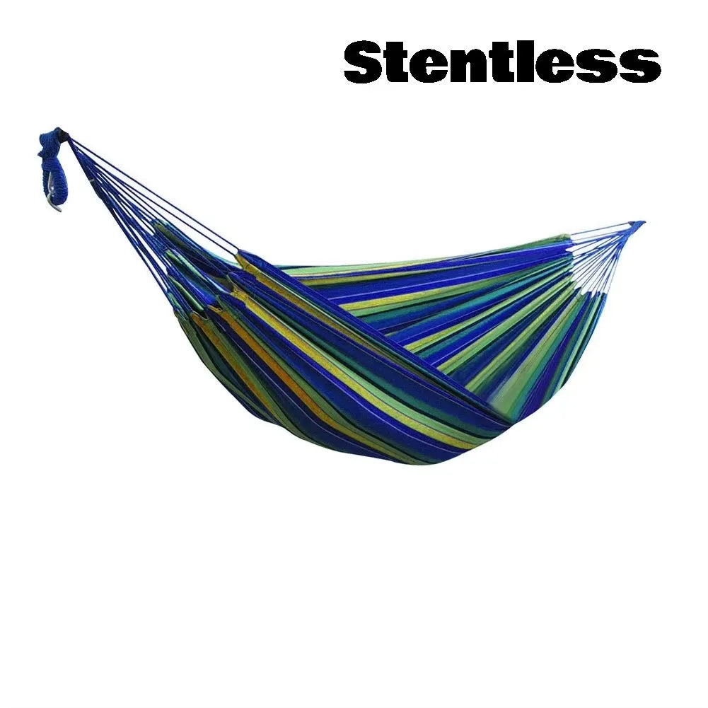 Double Hammock wStand 2-People Hammock & Stand in vibrant striped colors and sturdy design for leisure.
