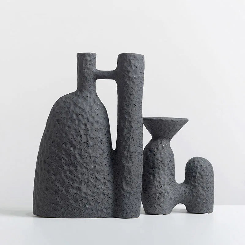 TingKe Wabi Sabi Style Ceramic Vase H-Shaped decoration in dark stone finish for home or hotel decor.