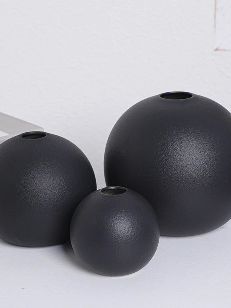 Nordic Black Ball Flower Vase in various sizes, ideal for home office decor and shelf decoration.