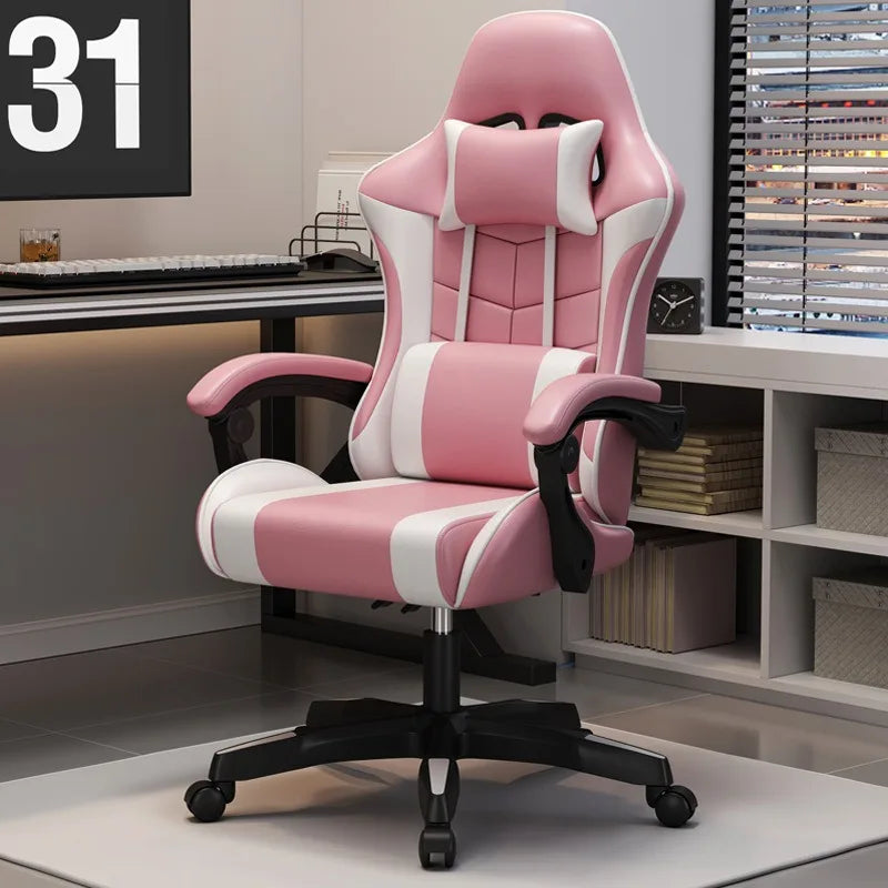 Ergonomic gaming chair with lumbar support in pink color, adjustable swivel, perfect for gaming or office use.