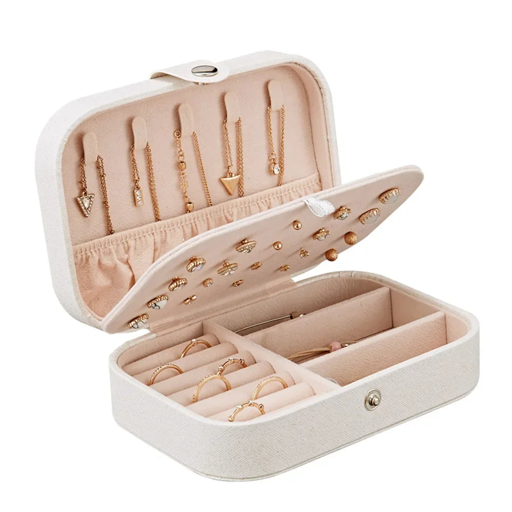 Jewelry box organizer for jewelry packaging, featuring compartments for necklaces, rings, and earrings in a compact design.