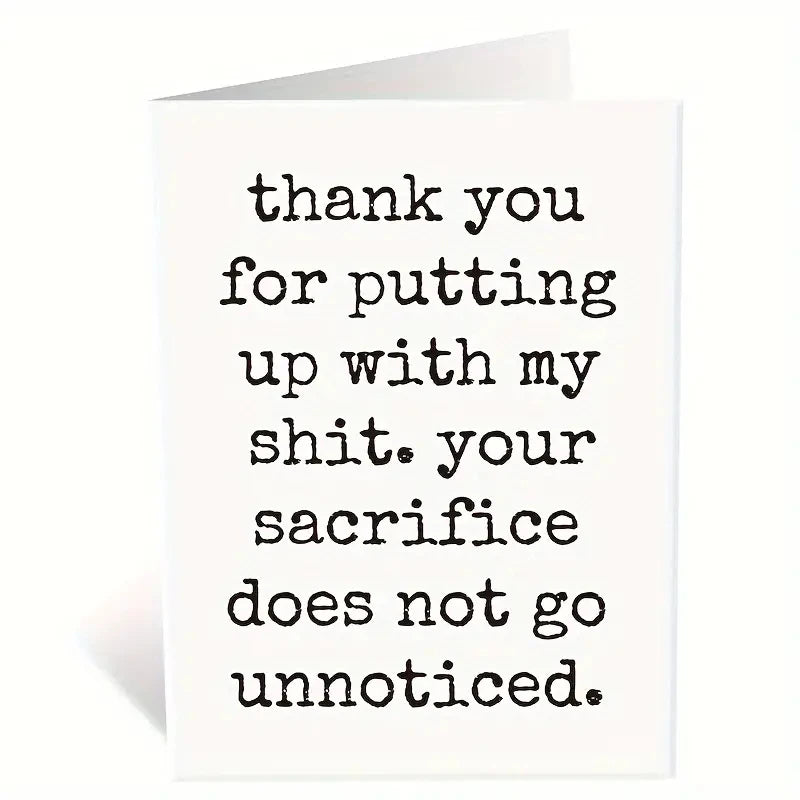 1pc Humor Anniversary Card Cool Card With Envelope featuring humorous text thanking for patience and acknowledging sacrifices.