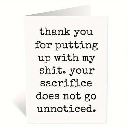 1pc Humor Anniversary Card Cool Card With Envelope featuring humorous text thanking for patience and acknowledging sacrifices.