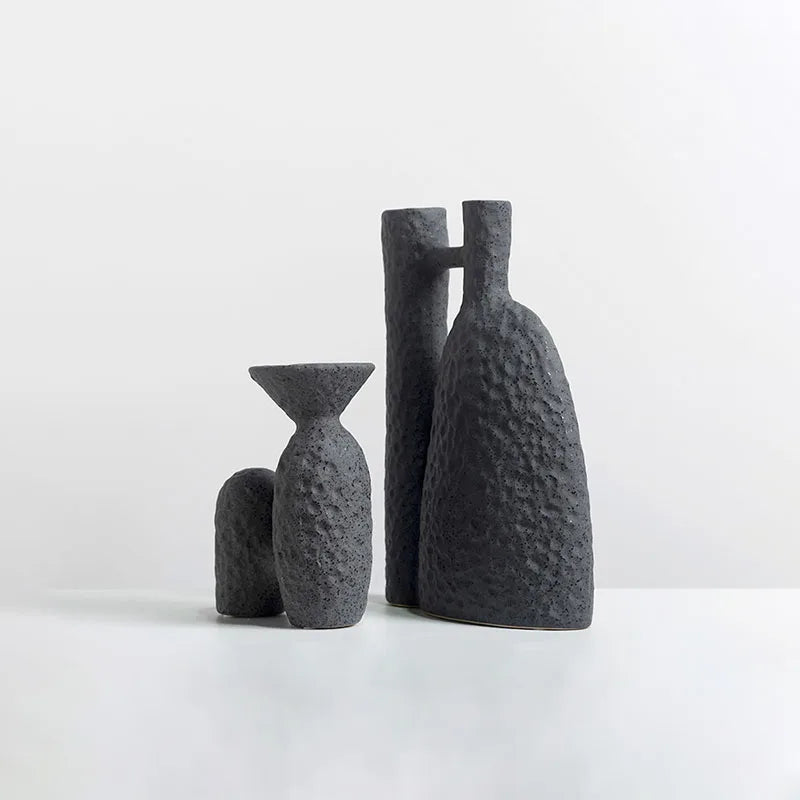 TingKe Wabi Sabi Style Ceramic Vase H-Shaped, decorative black ceramic vases set for home decor and gifts