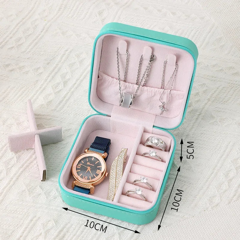 Jewelry box organizer featuring compartments for necklaces, rings, and a watch, ideal for jewelry packaging and storage.