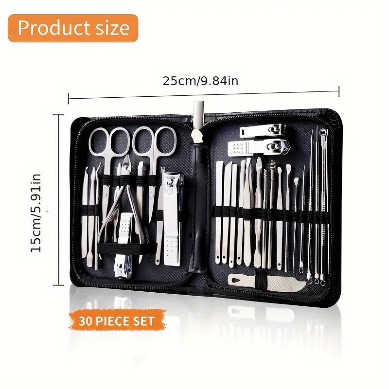 30 piece travel manicure set tools with various nail care instruments in a compact case, ideal for home and travel use.