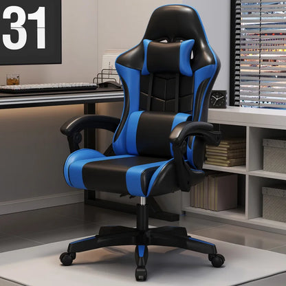 Ergonomic gaming chair with lumbar support in blue and black design, perfect for office or gaming use.