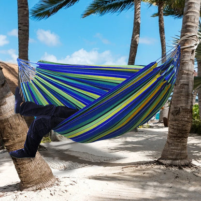 Double Hammock w/Stand, 2-People Hammock & Stand with person relaxing under palm trees