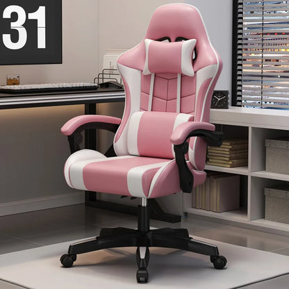 Ergonomic gaming chair with lumbar support in pink and white, adjustable swivel design for office or gaming use.