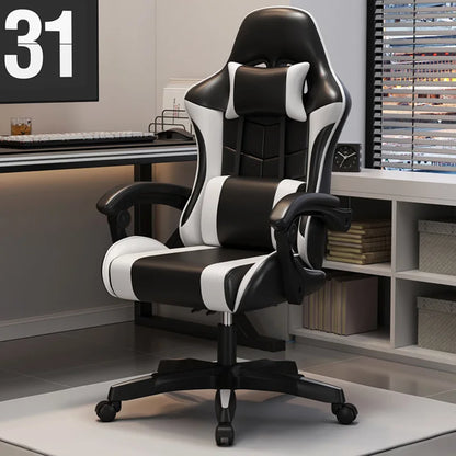 Ergonomic gaming chair with lumbar support featuring a sleek black and white design, ideal for office or gaming setups.
