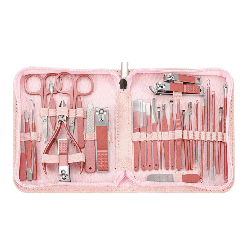7/30pcs travel manicure set tools with nail clippers, scissors, and pedicure instruments in a pink case.