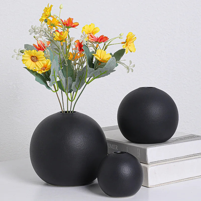 Nordic Black Ball Flower Vase with artificial flowers, black ceramic pots, home office décor, shelf decoration.