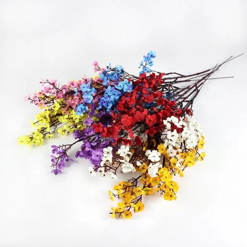 Multicolor artificial sakura flowers bouquet showcasing vibrant pink, blue, red, white, purple, and yellow blossoms.