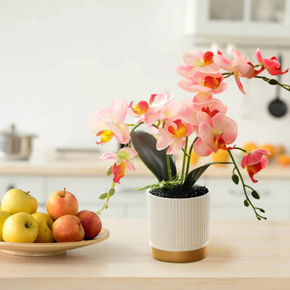 Artificial Phalaenopsis 33cm Artificial Faux Oceania Orchid Arrangement with vase and fruit in kitchen setting.