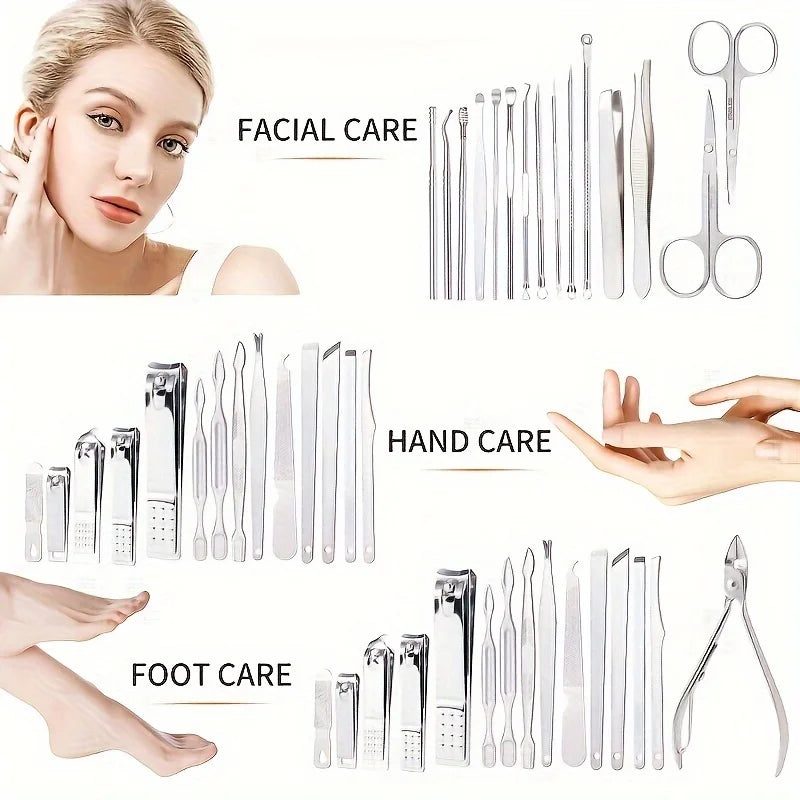 Travel manicure set tools for facial, hand, and foot care with various stainless steel instruments.