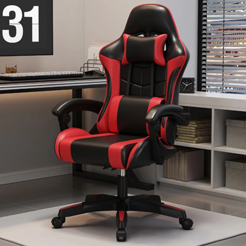 Ergonomic gaming chair with lumbar support in red and black, ideal for office and gaming environments.