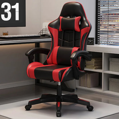 Ergonomic gaming chair with lumbar support in red and black, ideal for office and gaming environments.