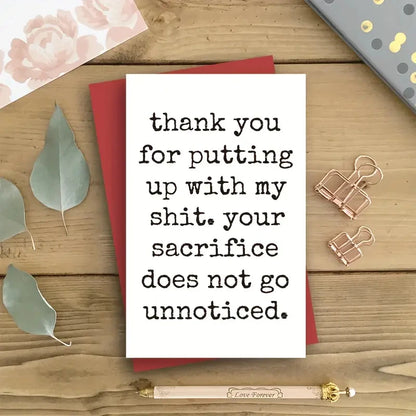 1pc Humor Anniversary Card Cool Card With Envelope thank you for putting up with my shit message on a wooden table