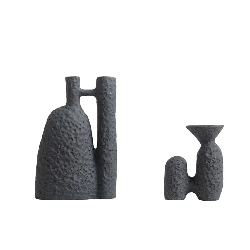 TingKe Wabi Sabi Style Ceramic Vase H-Shaped in dark color, perfect for home decor and creative gifts.