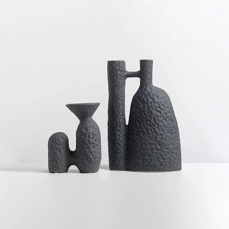TingKe Wabi Sabi Style Ceramic Vase H-Shaped decoration in black, ideal for home and hotel decor.