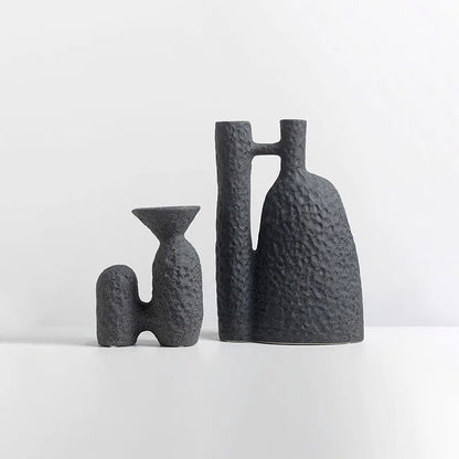 TingKe Wabi Sabi Style Ceramic Vase H-Shaped decoration in black, ideal for home and hotel decor.