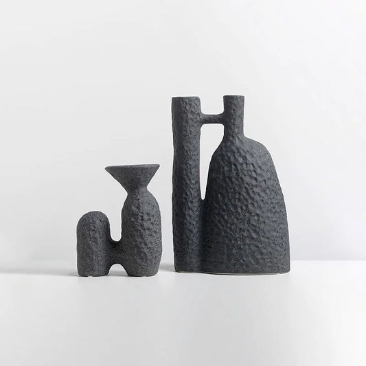 TingKe Wabi Sabi Style Ceramic Vase H-Shaped decoration in black, ideal for home and hotel decor.