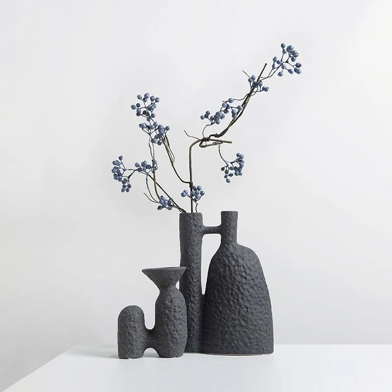 TingKe Wabi Sabi Style Ceramic Vase H-Shaped with blue flowers in a modern home setting.