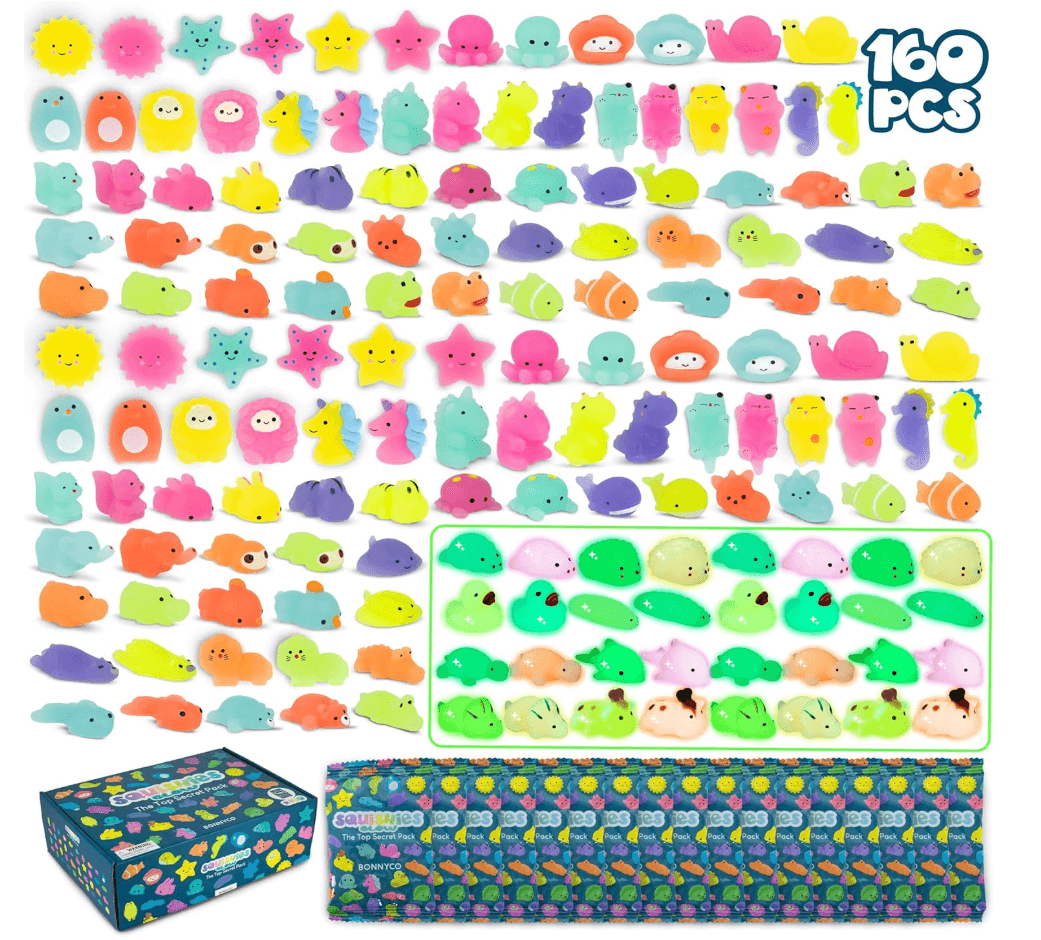 MONKY Mochi Squishy Toys for Party Bag Fillers for Kids Unisex Pack 160. Kids' Party Favours with Glow in the Dark, Squishy Fidget Toys Pack. Pinata Filler Birthday Boys Girls, Return Gifts Kawaii - HYPERMALL