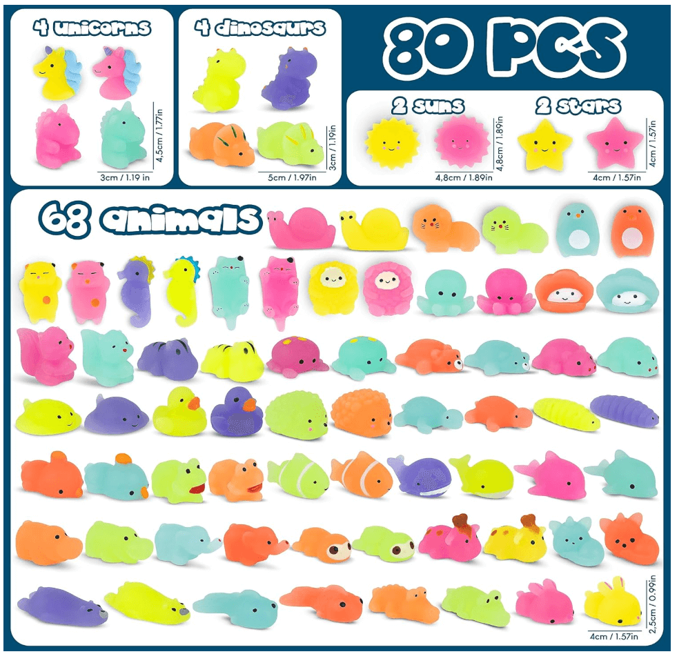 MONKY 80 Mochi Squishy Toys 80 pcs assortment featuring colorful animals, unicorns, dinosaurs, suns, and stars.