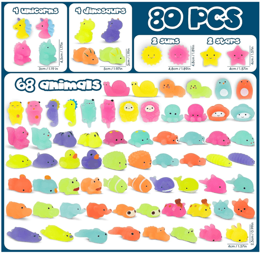 MONKY 80 Mochi Squishy Toys 80 pcs assortment featuring colorful animals, unicorns, dinosaurs, suns, and stars.