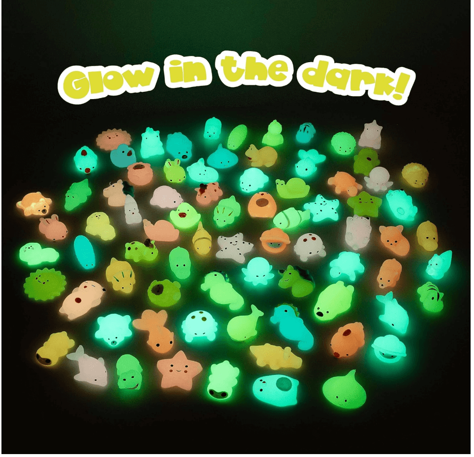 Glow-in-the-dark MONKY 80 Mochi Squishy Toys in assorted shapes and colors, perfect for kids and party favors.