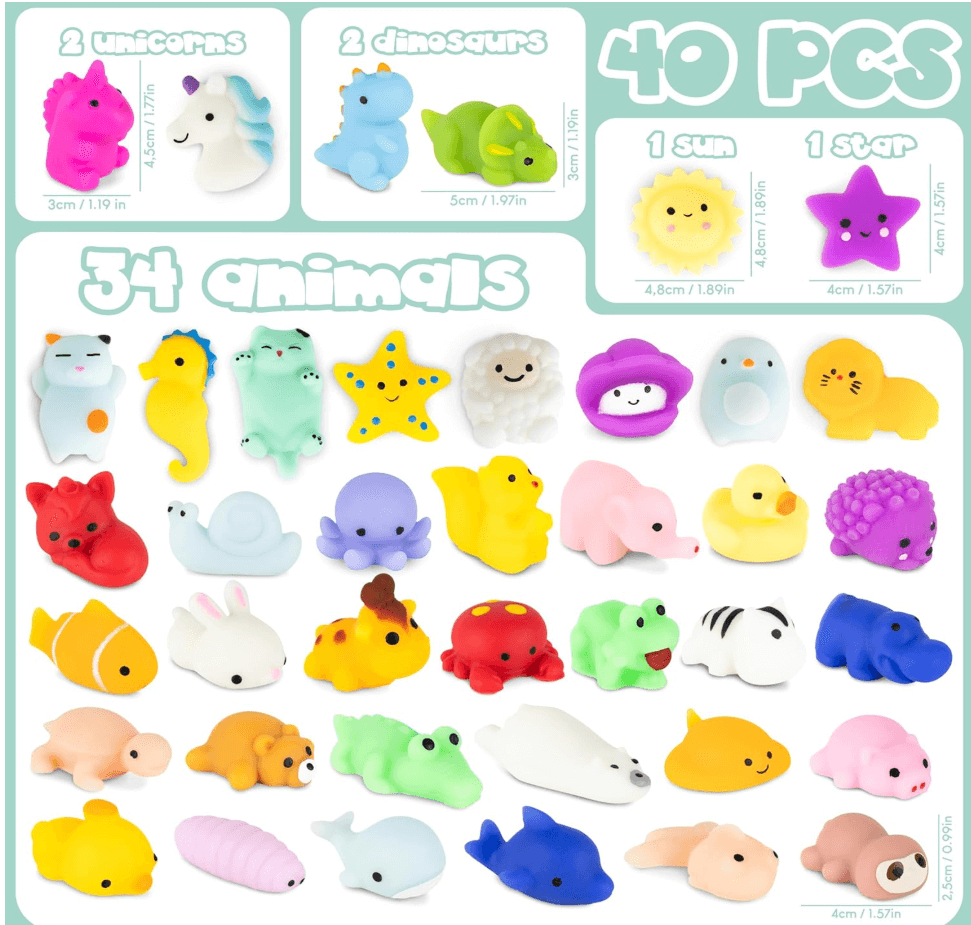 MONKY 40 Mochi Squishy Toys for Party Bag Fillers for Kids Unisex, Pack 40 Kids' Party Favours. Squishy Fidget Toys Pack, Pinata Filler Boys Girls. Return Gifts Birthday, Classroom Prizes Kawaii - HYPERMALL