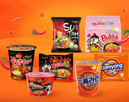 Samyang Buldak Hot Chicken Ramen Cheese 5 pack along with various other Samyang ramen products on an orange background.