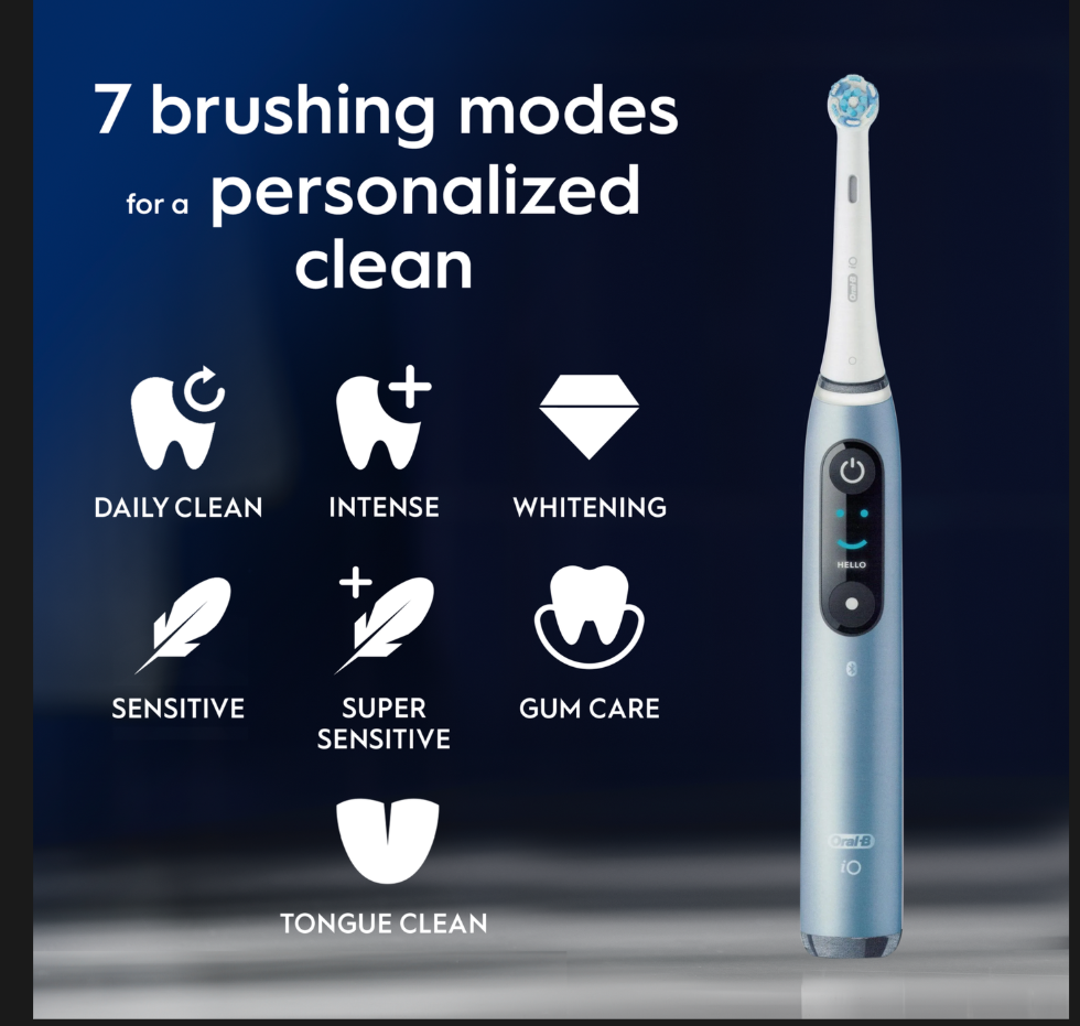 Oral-B iO9 Adult Electric Toothbrush App Connected features 7 brushing modes for a personalized clean.