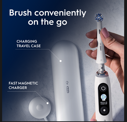 Oral-B iO9 Adult Electric Toothbrush App Connected in charging travel case with fast magnetic charger for convenient brushing on the go