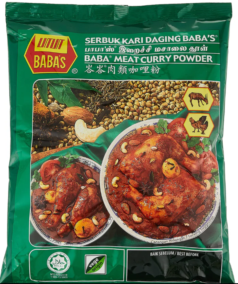 BABA meat curry powder package featuring vibrant curry dishes and ingredients, ideal for Malaysian recipes.