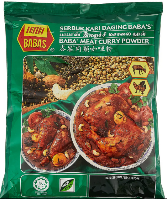 BABA meat curry powder package featuring vibrant curry dishes and ingredients, ideal for Malaysian recipes.