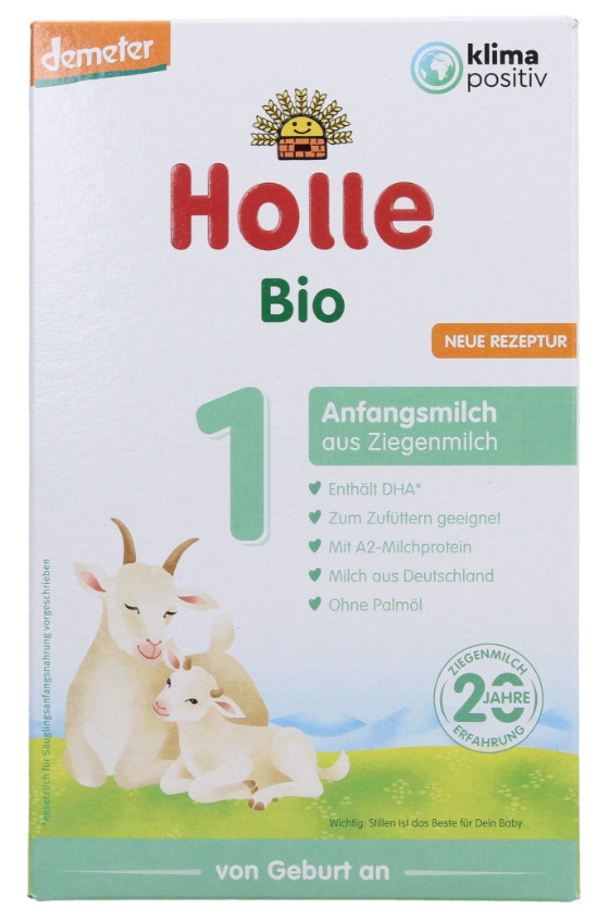 Organic Infant Formula Based on Goat's Milk 1 400 g packaging featuring goats and nutritional information.