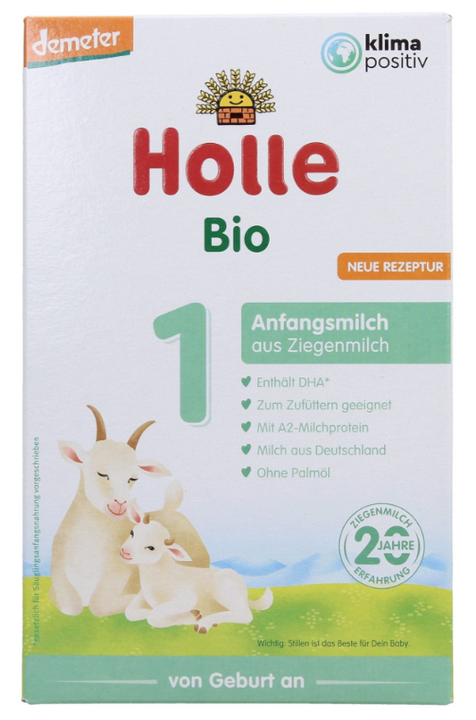 Organic Infant Formula Based on Goat's Milk 1 400 g packaging featuring goats and nutritional information.