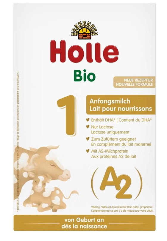 Organic Infant Formula Based on Cow's Milk 1 A2 400 g packaging featuring Holle Bio product information.