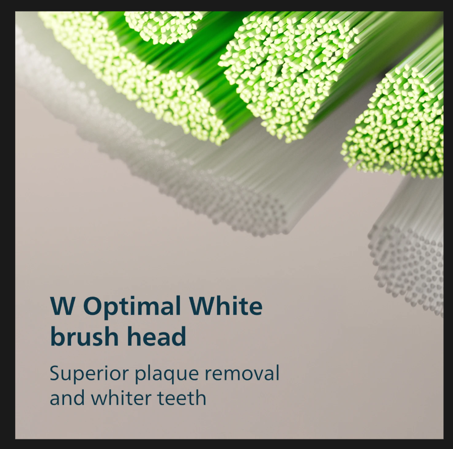 W Optimal White brush head with superior plaque removal for a brighter smile, part of Philips Sonicare affordable electric toothbrush.