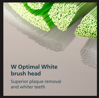 W Optimal White brush head with superior plaque removal for a brighter smile, part of Philips Sonicare affordable electric toothbrush.