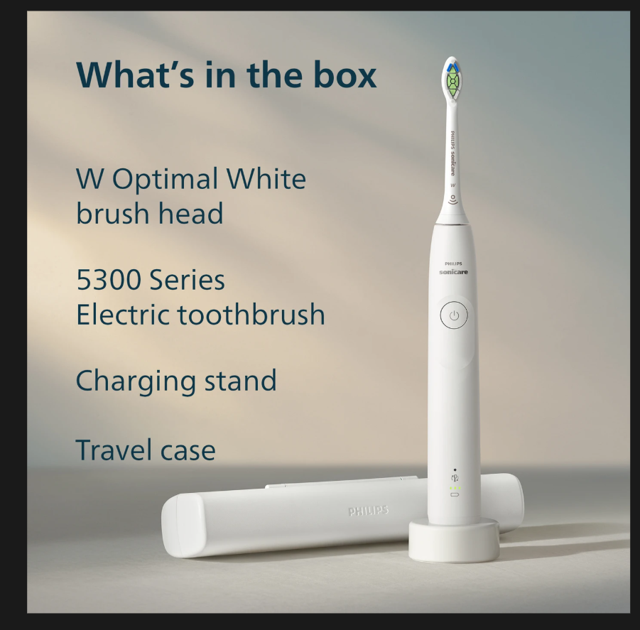 Philips Sonicare 5300 electric toothbrush with travel case, W Optimal White brush head, charging stand - affordable electric toothbrush.