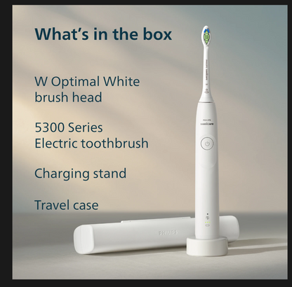 Philips Sonicare 5300 electric toothbrush with travel case, W Optimal White brush head, charging stand - affordable electric toothbrush.