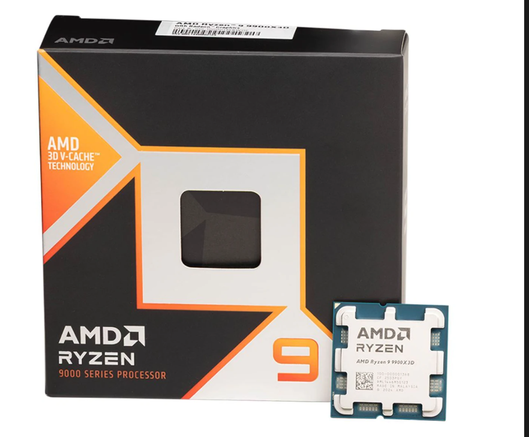 AMD Ryzen 9 9900X processor with Radeon graphics in packaging and display.